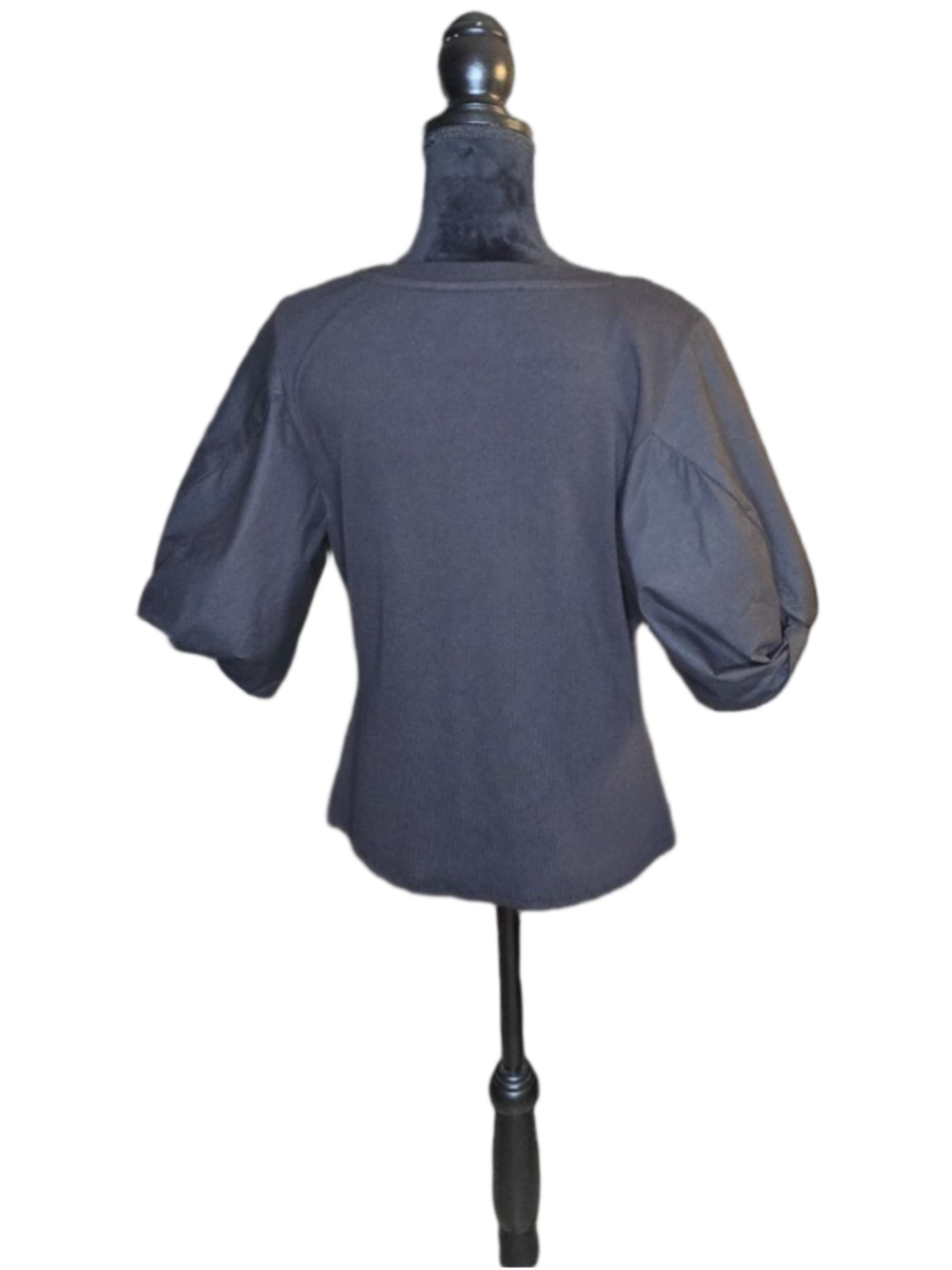 White House Black Market XL Black Pima Cotton Ribbed Scoop Neck Puff Sleeve Top - Picture 2 of 6